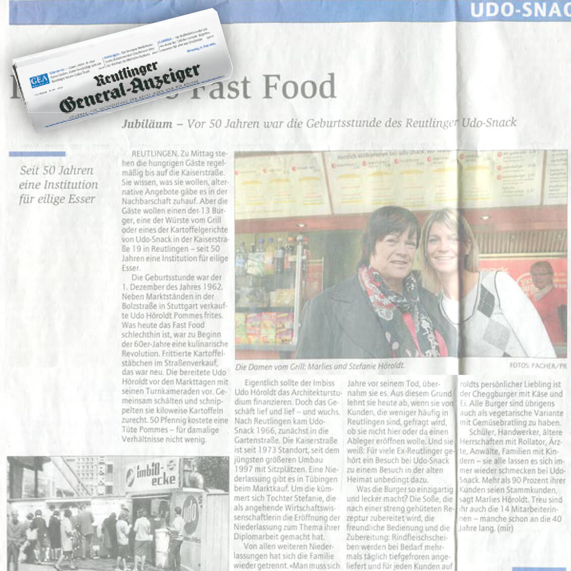 Das Bild zeigt einen Zeitungsartikel über den 50. Geburtstag des Reutlinger Udo-Snack, einer Fast-Food-Institution, die seit 1962 besteht.