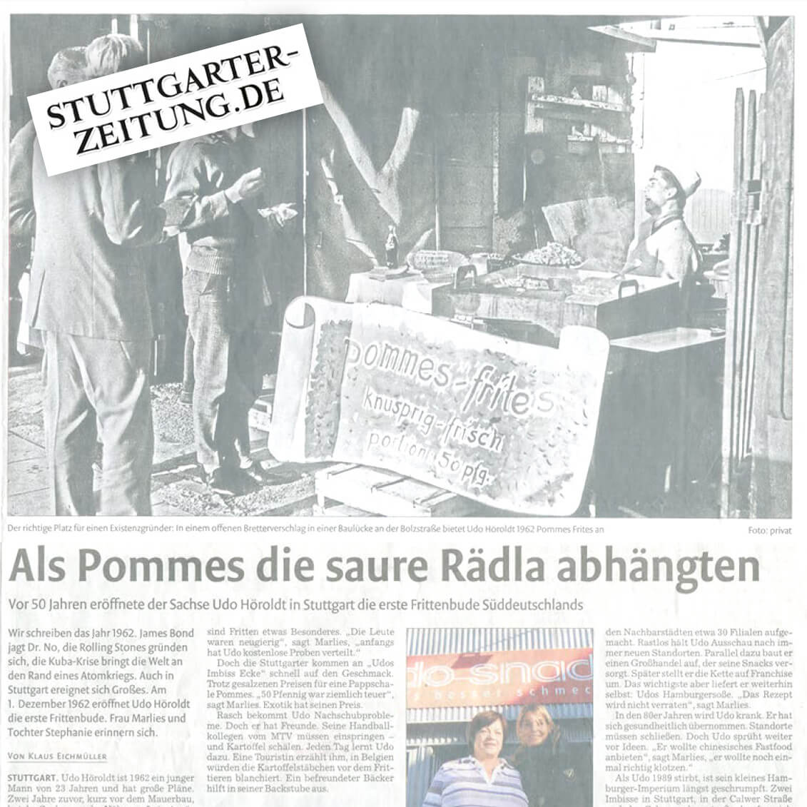 Das Bild zeigt einen Zeitungsartikel über Udo Höroldt, der in Stuttgart 1962 die erste Frittenbude Südhessens eröffnete.