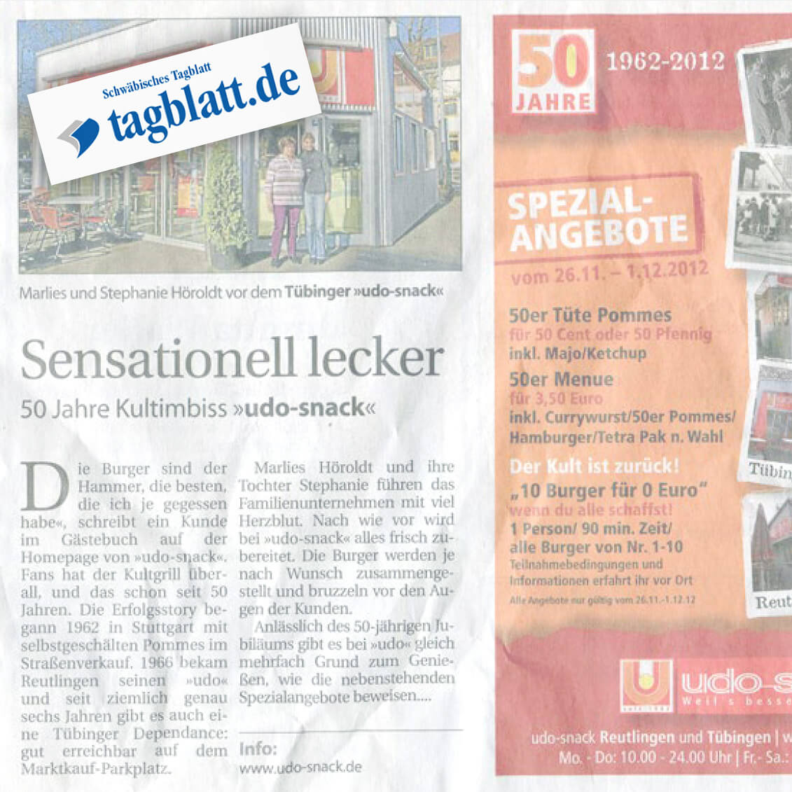 Das Bild zeigt einen Zeitungsartikel über das 50-jährige Bestehen des Kultimbisses